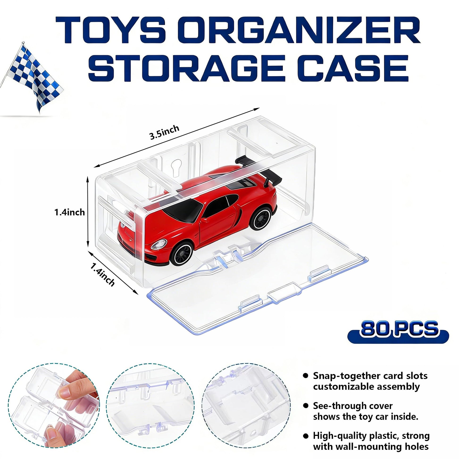 80-Pack Interlocking Toy Car Storage Case for 1/64 Scale Die-Cast Cars, Compatible with Hot Wheels & Matchbox Mini Cars, Clear Dustproof Stackable
