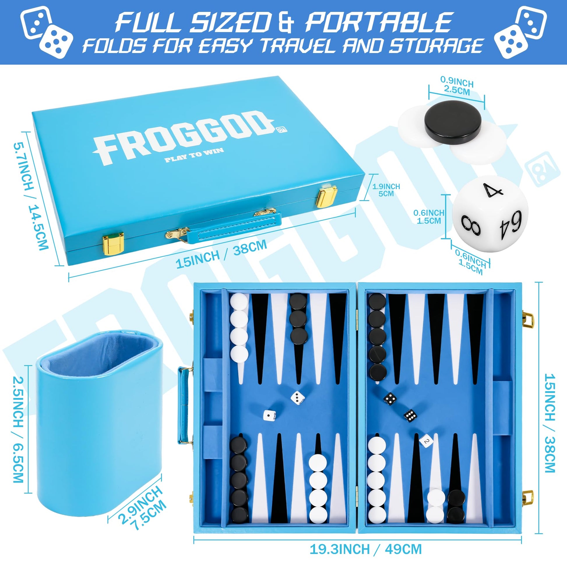 Froggod Light Blue 15 Inch Backgammon Sets for Adults, Classic Board Game