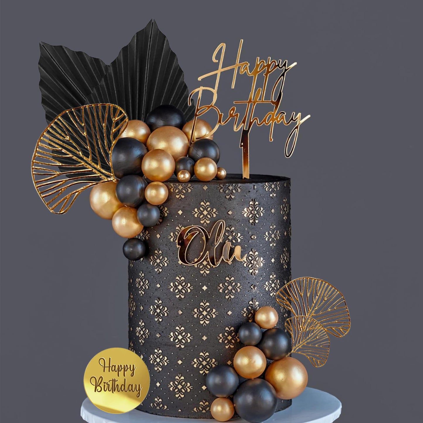 Happy Birthday Cake Topper Black Gold Ball Cake Decorations