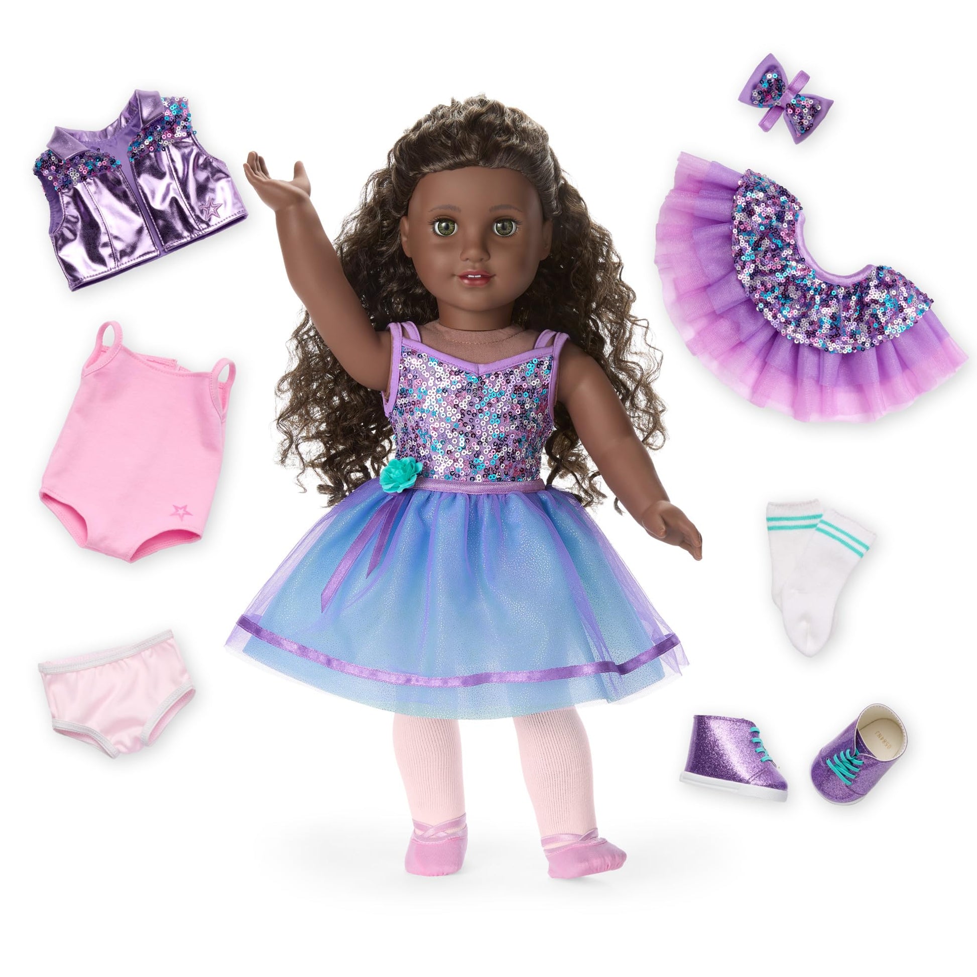 American Girl, Truly Me #127 Doll & Dance All Day Set, with Hazel Eyes, Curly Dark-Brown Hair, Very Deep Skin, Ages 6+