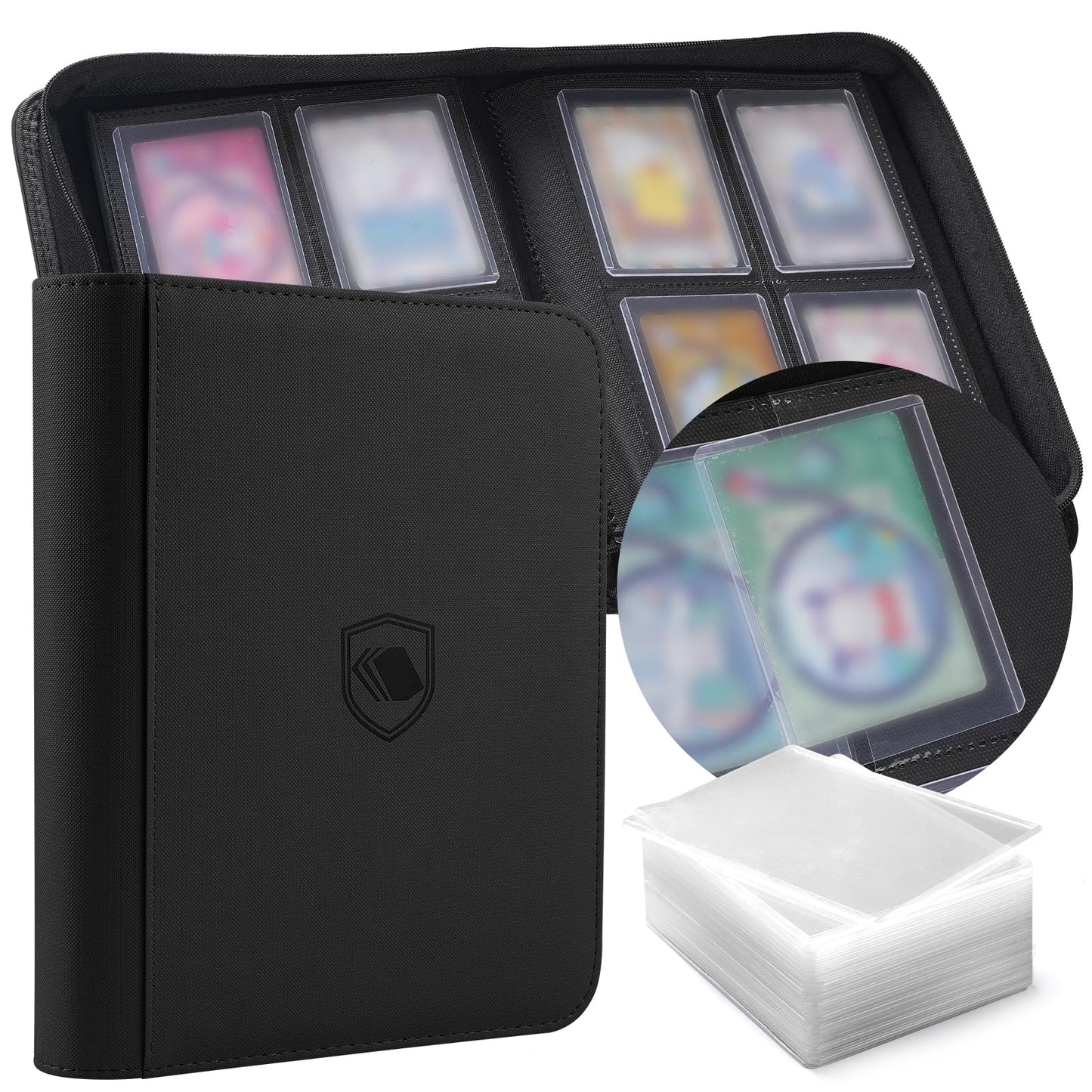 Top Loader Binder, 100 Toploaders and 100 Card Sleeves Included, Holds 128 Toploaders, 4 Pocket Toploader Binder for 3" x 4" Rigid Toploaders, Trading