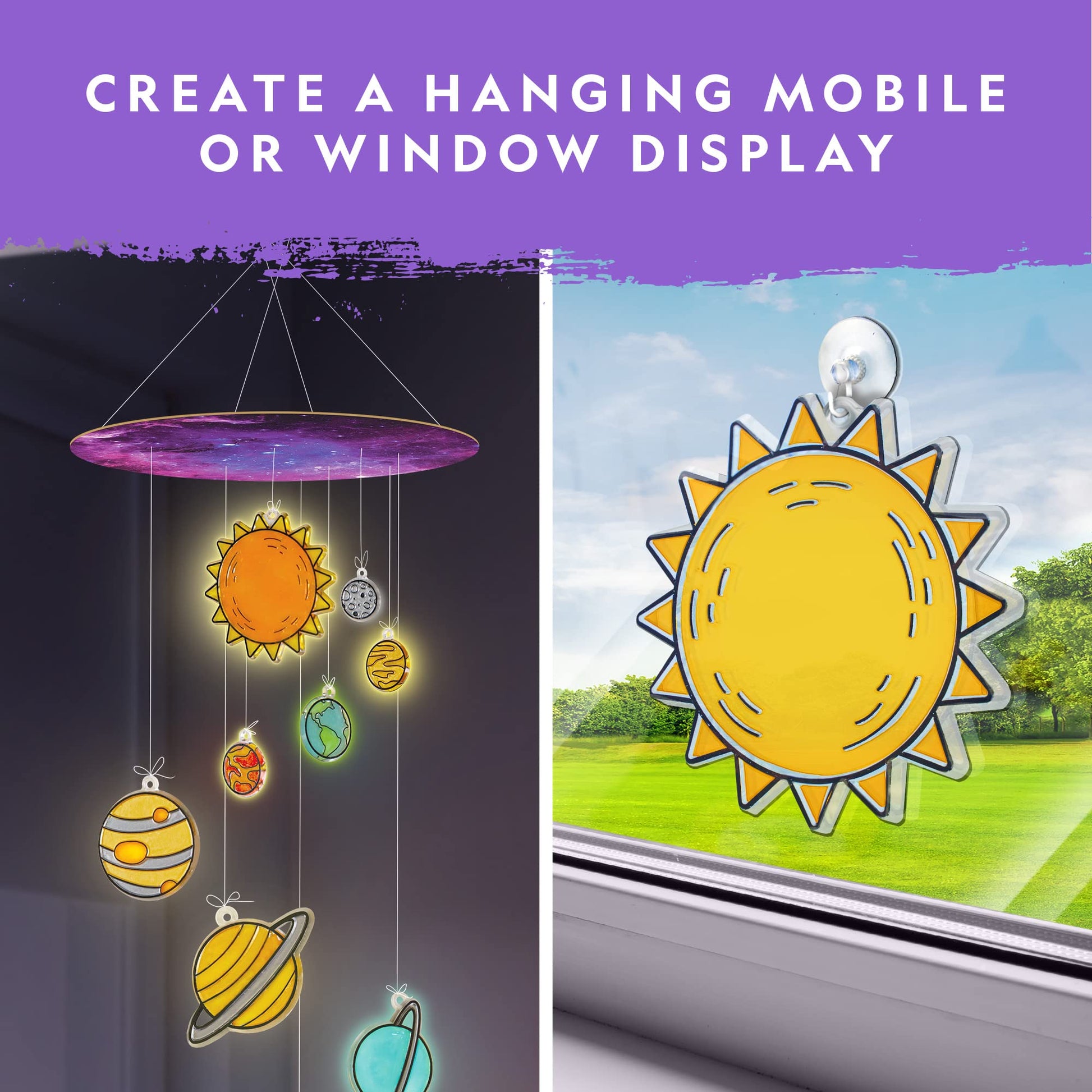 NATIONAL GEOGRAPHIC Kids Window Art Kit - Stained Glass Solar System Arts & Crafts Kit with Glow in The Dark Planets, Use as Window Suncatchers