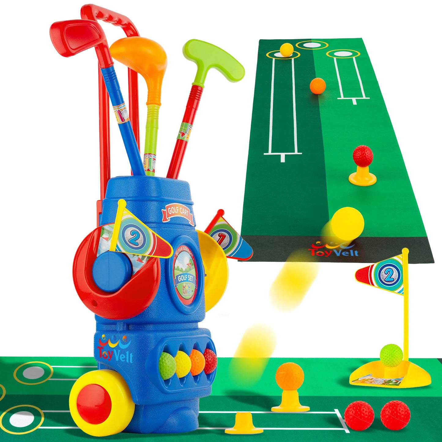 ToyVelt Toddler Golf Set - Kids Golf Clubs with 6 Balls, 4 Golf Sticks, 2 Practice Holes and a Putting Mat - Promotes Physical & Mental Development