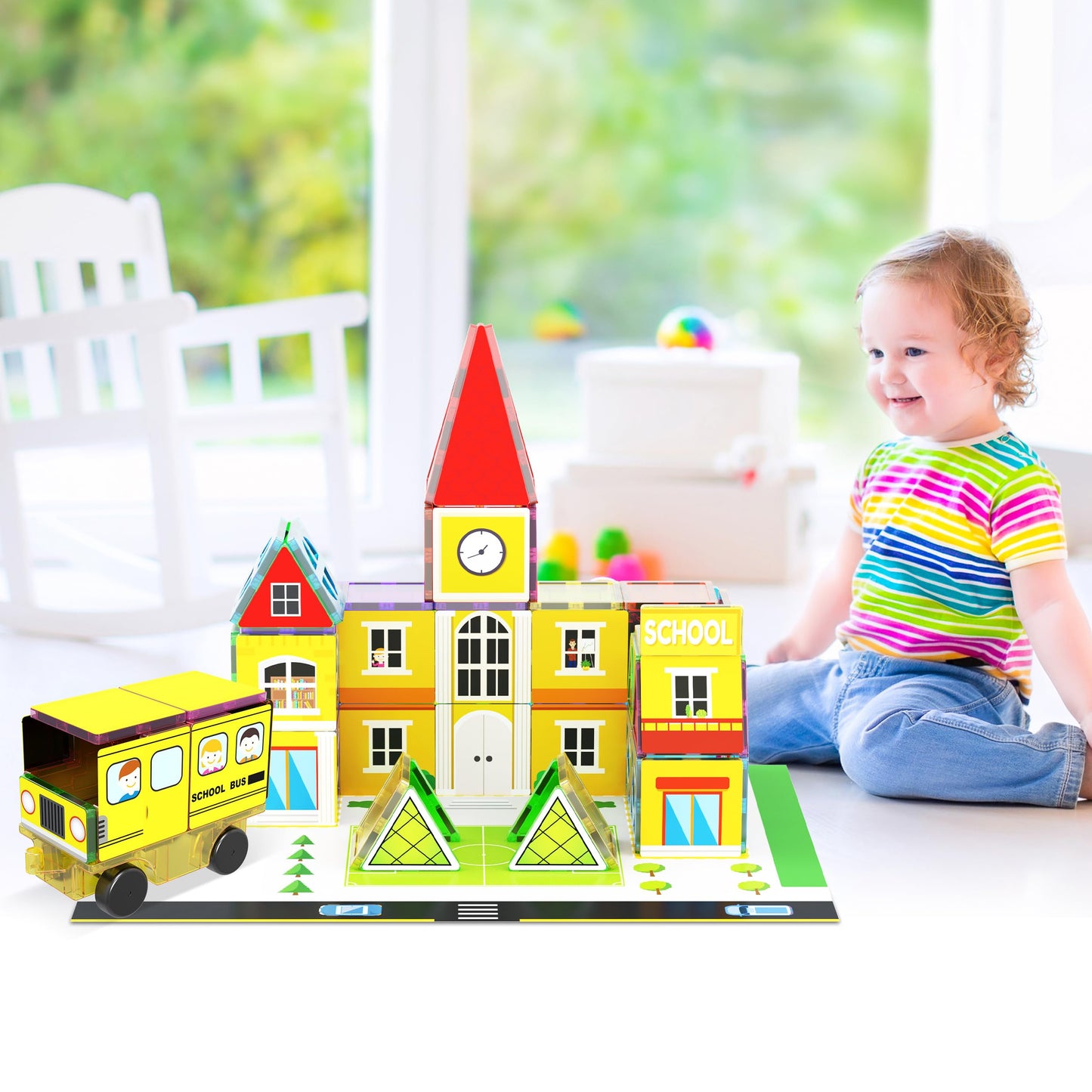 PicassoTiles 3-in-1 Theme Set School Hospital Police Station Magnet Self Adhesive Backing Stick-On Sheet Combo w/Car Magnet Building Block Playset
