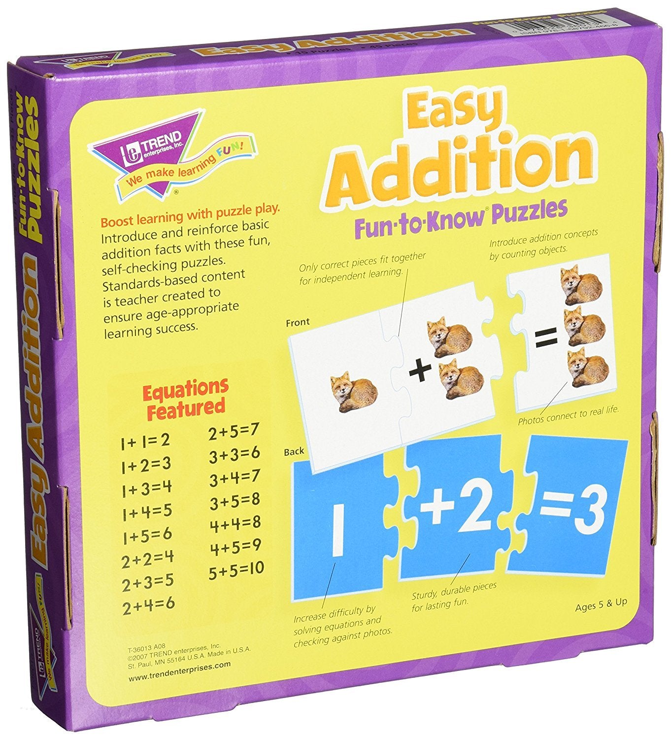 TREND ENTERPRISES: Fun-to-Know Puzzles: Easy Addition, Learn to Add & Solve Basic Equations, 15 Three-Piece Two-Sided Puzzles, Self-Checking, 30