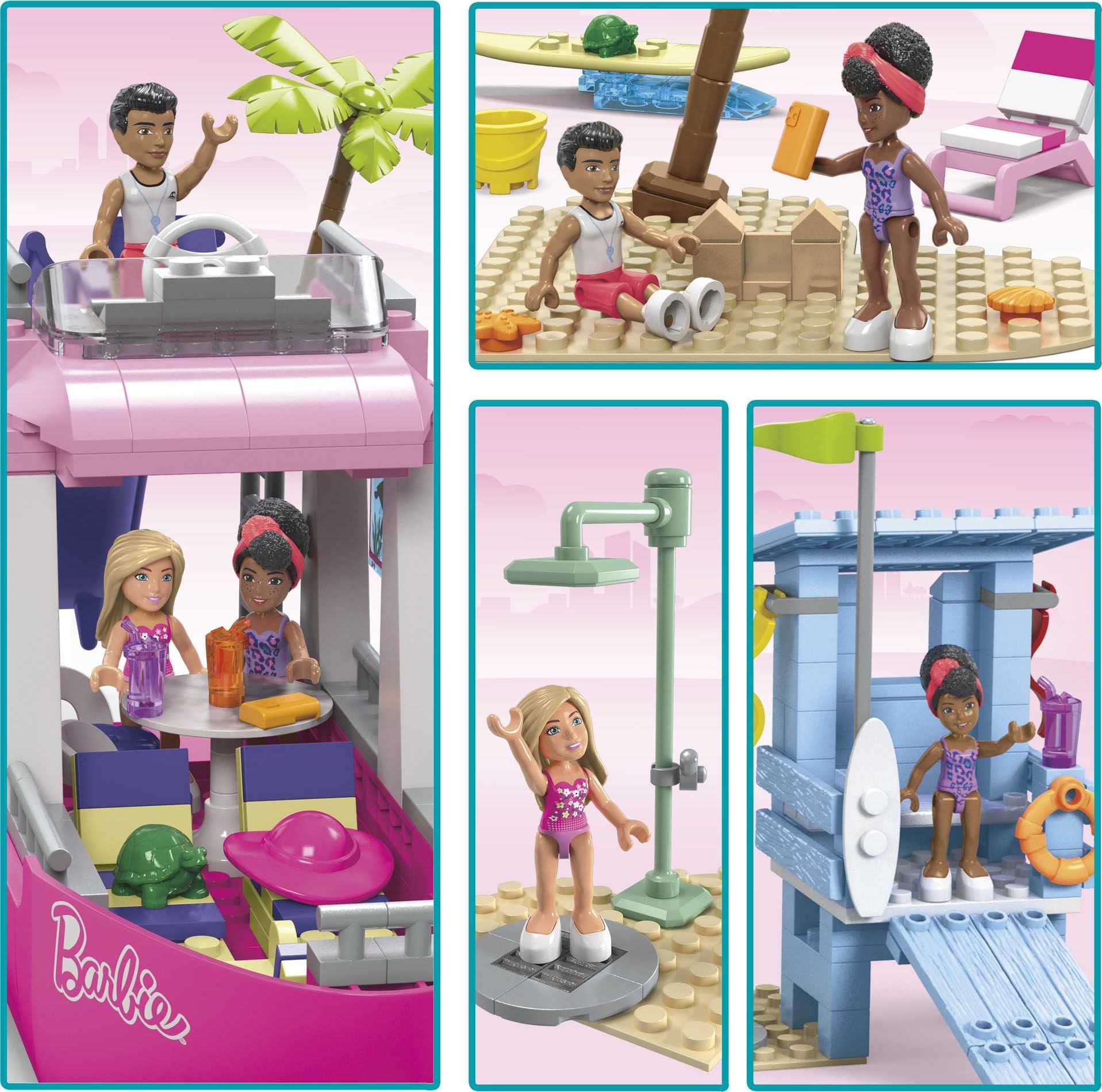 MEGA Barbie Kids Building Toy Set, Malibu Dream Boat with 317 Pieces, 2 Micro-Dolls and Accessories, Pink, Ages 6+ Years
