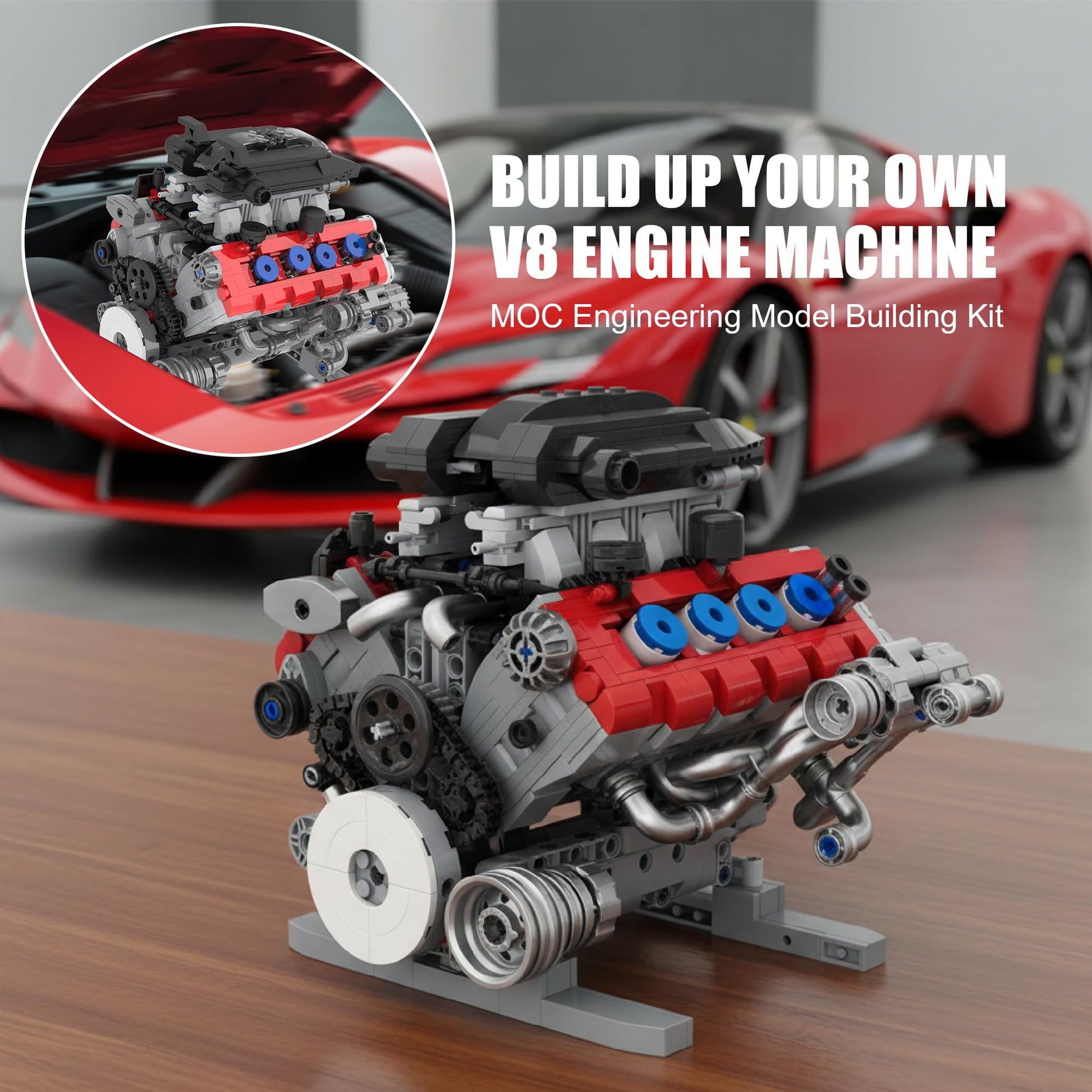 HUNKING V8 Engine Building Set for Adults, Build Your Own MOC Mini V8 Engine STEM Model Toy with Motor, Model kit that Run, Car Engine Building Blocks