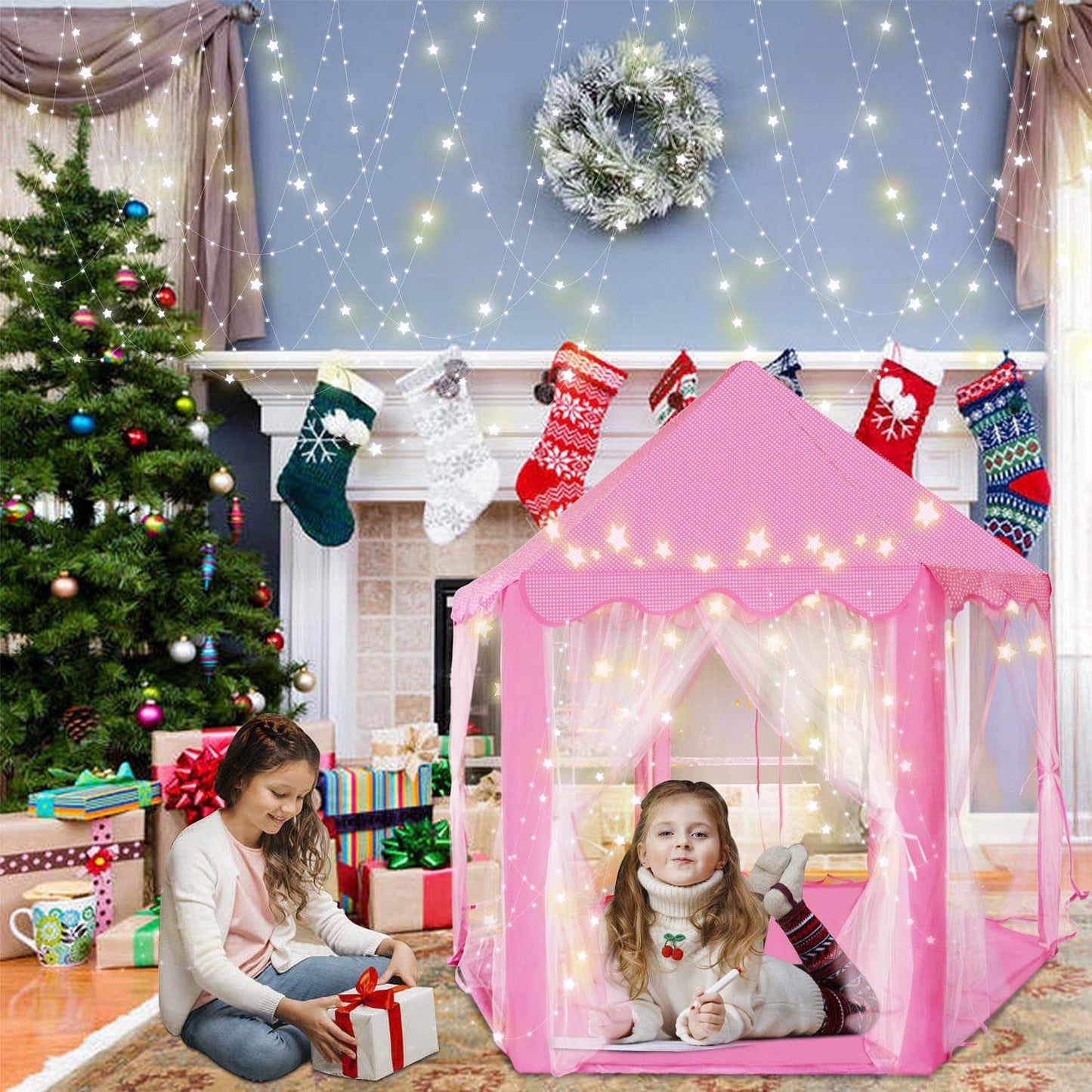 Kid's Play Tent, 55" x 53" (DxH) Princess Tent for Girl, with Star Lights