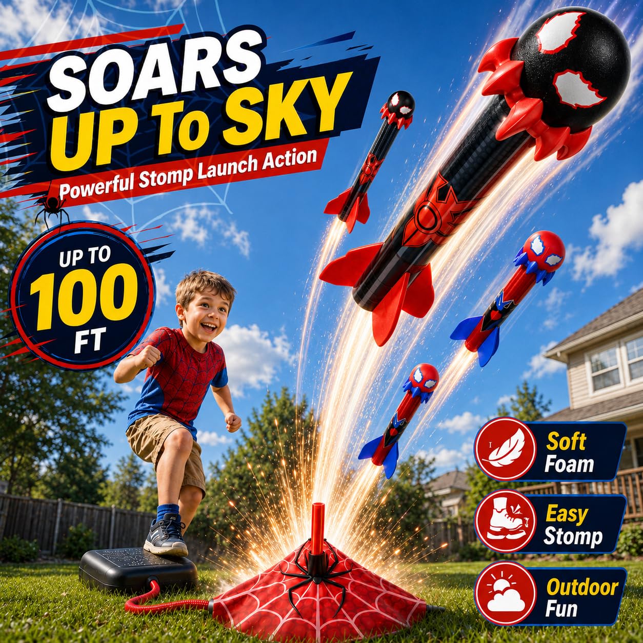 Spider Toys Rocket Launcher for Kids, 4 Spider Foam Rockets & Web Launcher, Adjustable Outdoor Air Rocket Toys, Up to 100 FT, Backyard Birthday Gifts