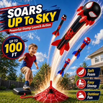Spider Toys Rocket Launcher for Kids, 4 Spider Foam Rockets & Web Launcher, Adjustable Outdoor Air Rocket Toys, Up to 100 FT, Backyard Birthday Gifts