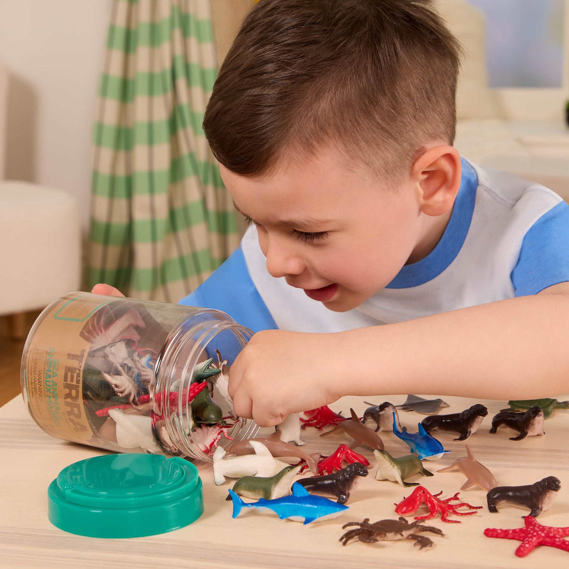 Terra by Battat - 60 Pieces Sea Animals In Tube - Realistic Mini Sea Animal Toys - Sharks, Dolphins, Penguins, Turtles, Crabs & Starfish for Toddlers