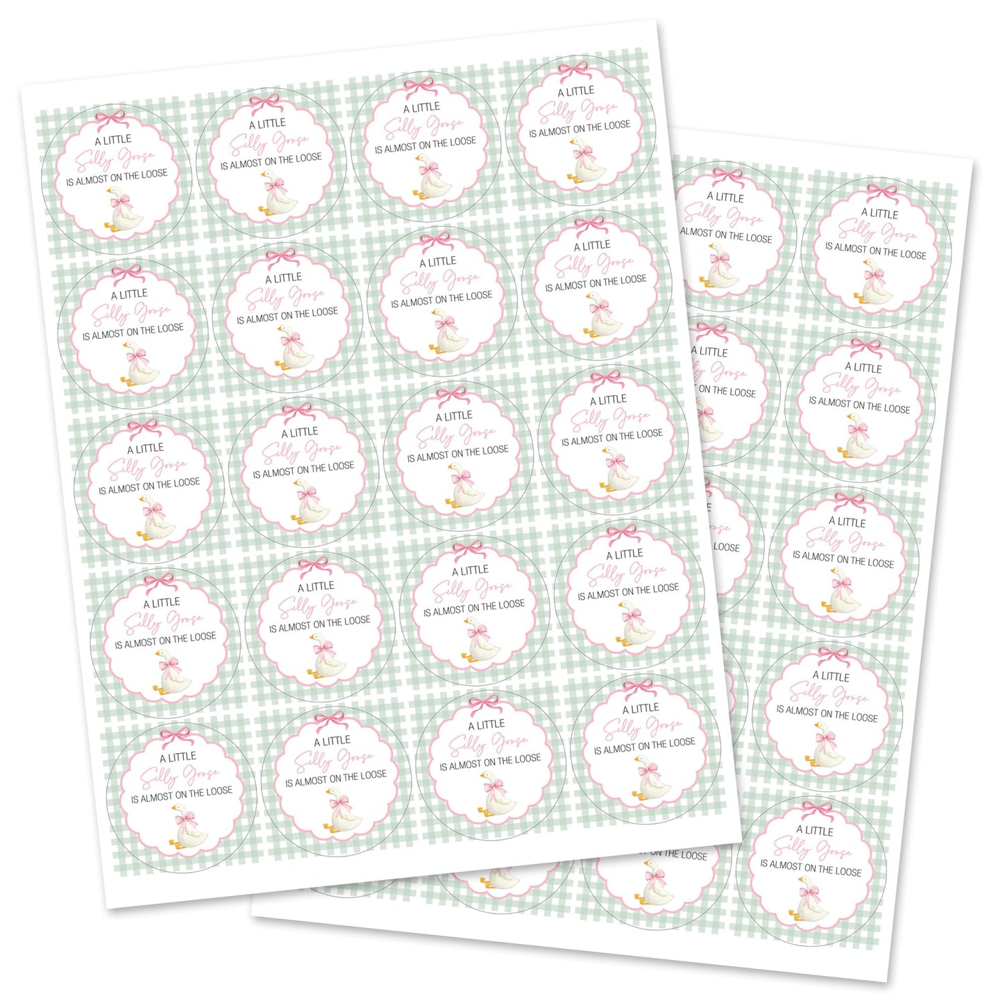 A Little Silly Goose is Almost on The Loose, Baby Shower Sticker, Gingham Pattern with Goose Theme, Round Label - Set of 40 (Pink)