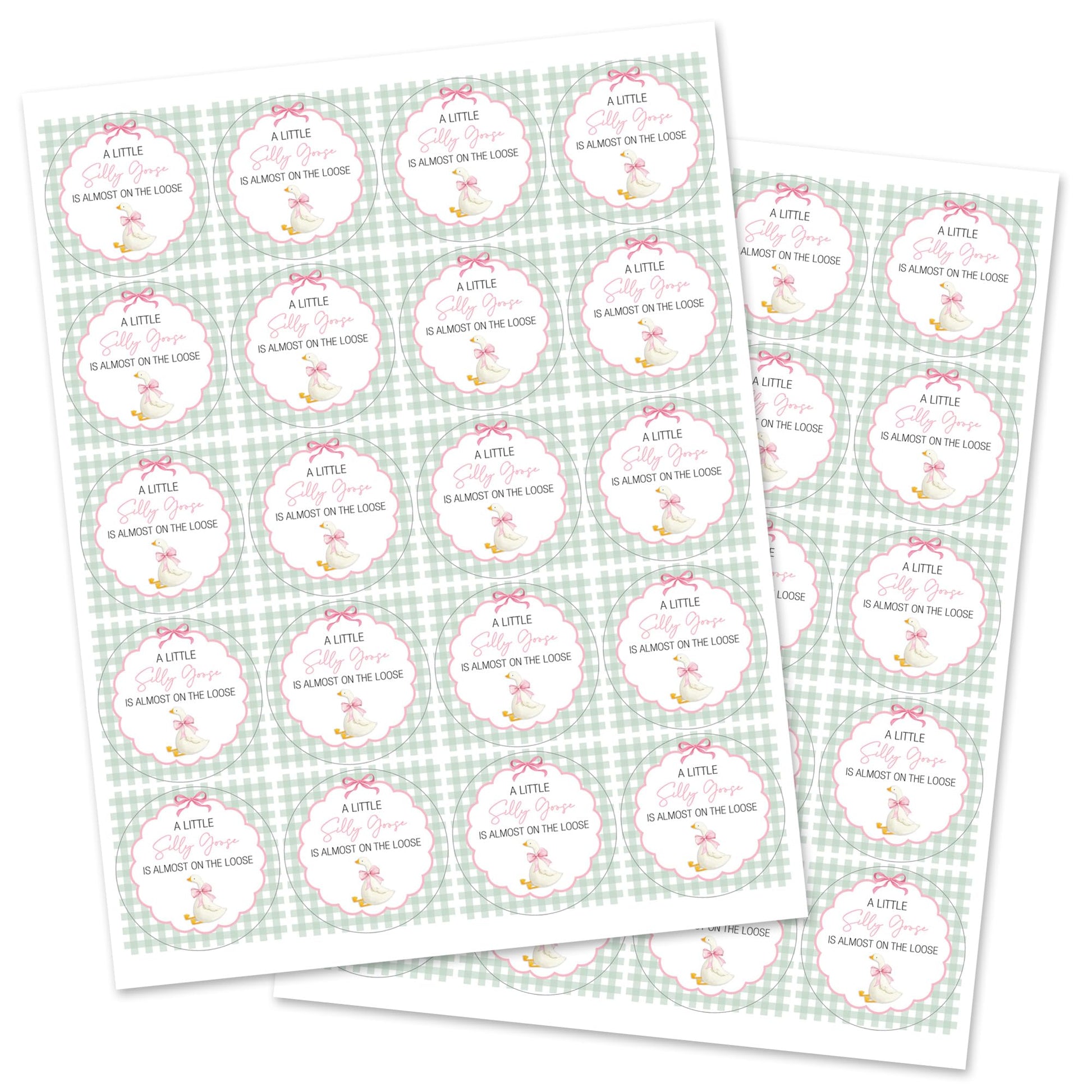 A Little Silly Goose is Almost on The Loose, Baby Shower Sticker, Gingham Pattern with Goose Theme, Round Label - Set of 40 (Pink)