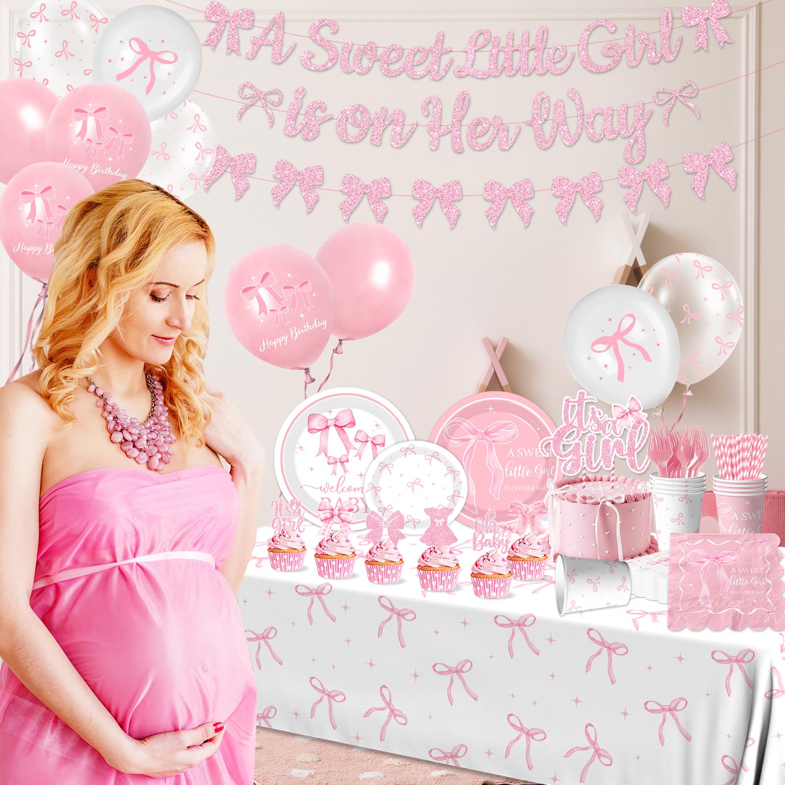 Pink Bow Baby Shower Decorations for Girl,Pink Bow Birthday Party Supplies Include Bow Plate,Napkin,Banner,Cake Topper,Balloons Welcome Baby Girl