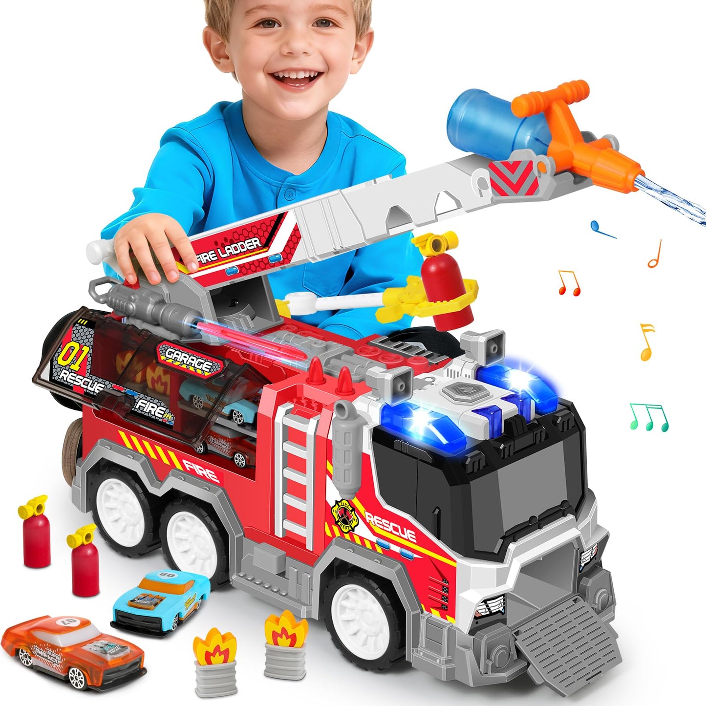 Big Fire Trucks for Toddlers 3 4 5 6 7 with 2PCS Ejecting Race Cars 18-Inch Ladder Lights Sprinkler Pump & Water Shooting Big Emergency Vehicle