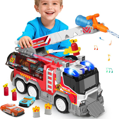 Big Fire Trucks for Toddlers 3 4 5 6 7 with 2PCS Ejecting Race Cars 18-Inch Ladder Lights Sprinkler Pump & Water Shooting Big Emergency Vehicle