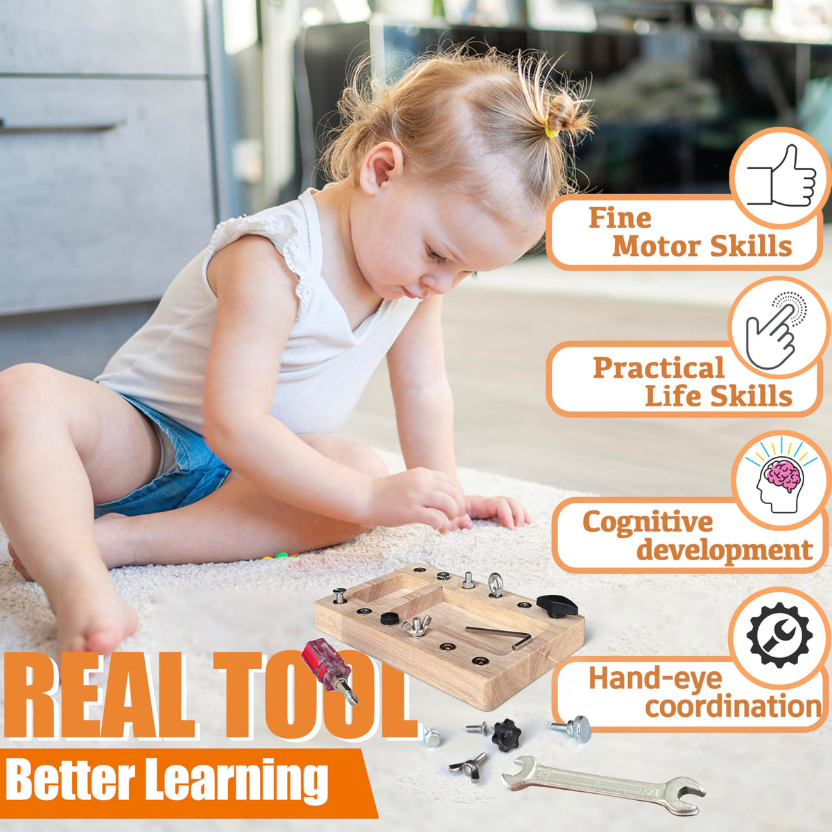 Montessori Screwdriver Board Set, Real 17 Pcs & 12 Holes Fine Motor Skills 3 4 5 +Kids Patience Basic Life Skill Educational Wooden STEM Toys