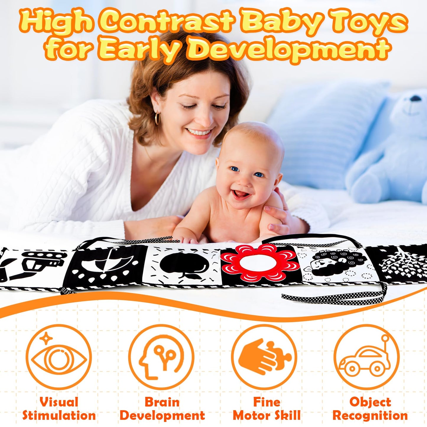 High Contrast Baby Toys for Newborn Infant 0-6 Months Montessori Tummy Time Black and White Sensory Crinkle Toys 0-3 3-6 Months Soft Books Carseat