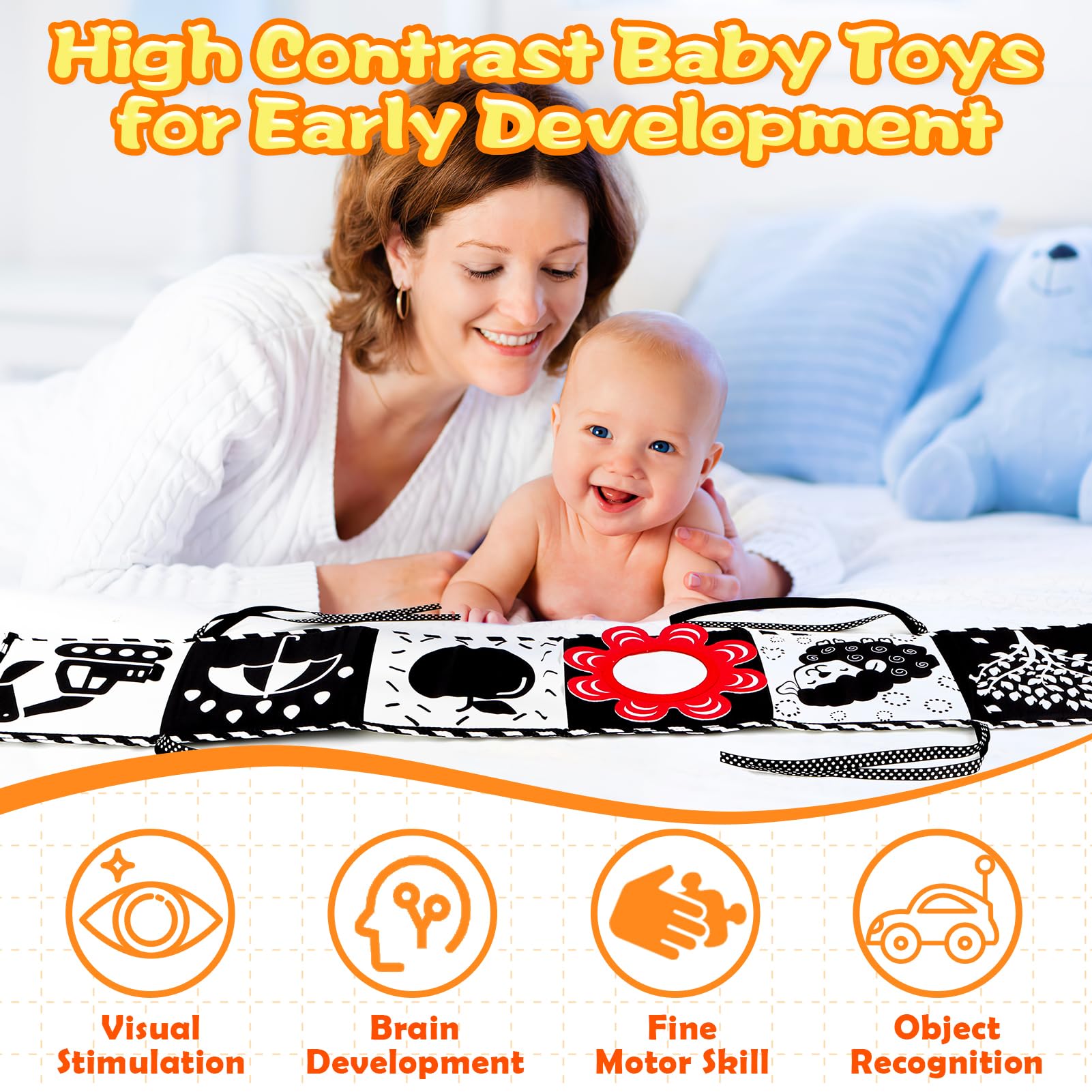 High Contrast Baby Toys for Newborn Infant 0-6 Months Montessori Tummy Time Black and White Sensory Crinkle Toys 0-3 3-6 Months Soft Books Carseat