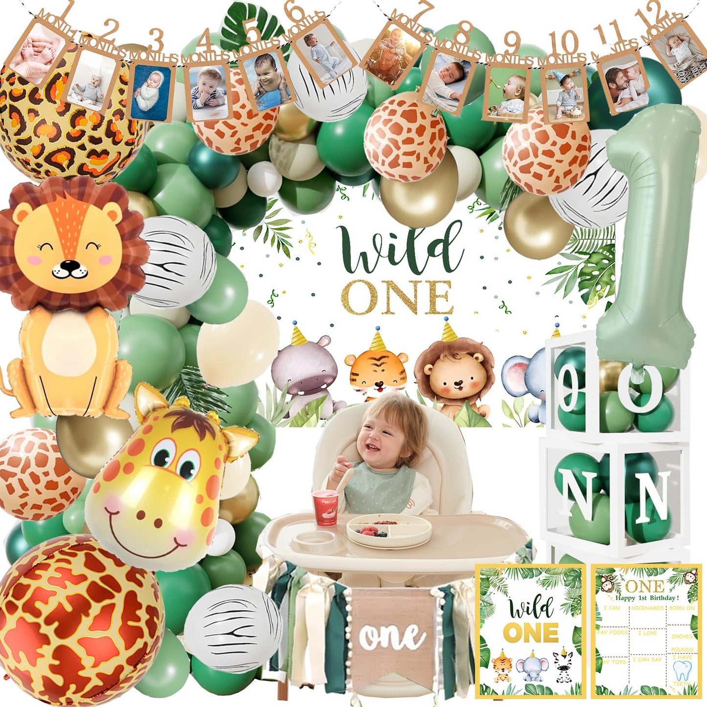 Wild One Birthday Decorations,1st Birthday Decorations Boy or Girl, Jungle Safari Themed Backdrop, Balloons Garland, Banner, Balloon Boxes for First