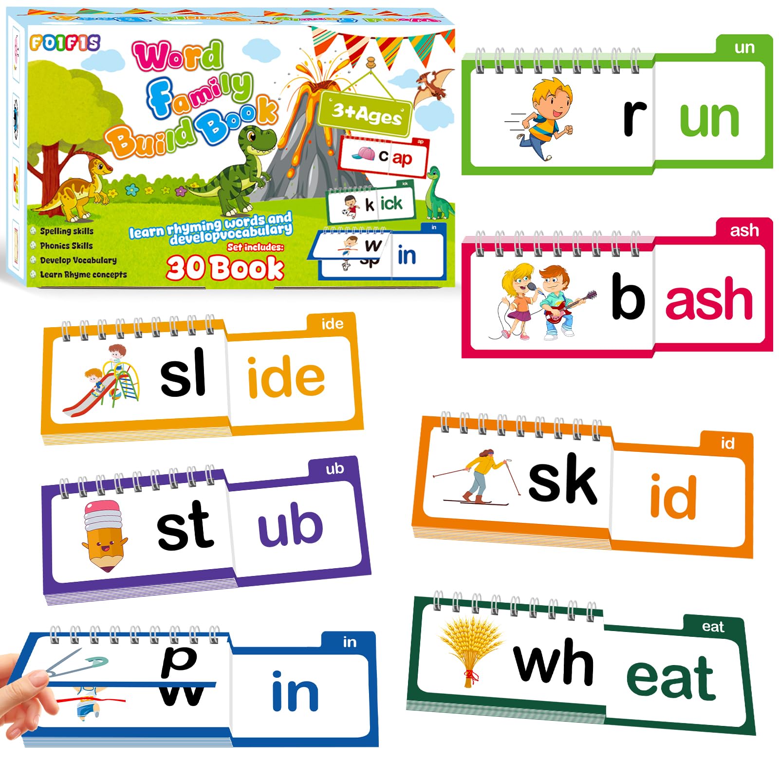 Word Family Build Book, 30 Read and Rhyme Flip Activity Book, Dinosaur ABC Learn to Read Phonics Flash Cards for Preschool/Kindergarten, CVC Words