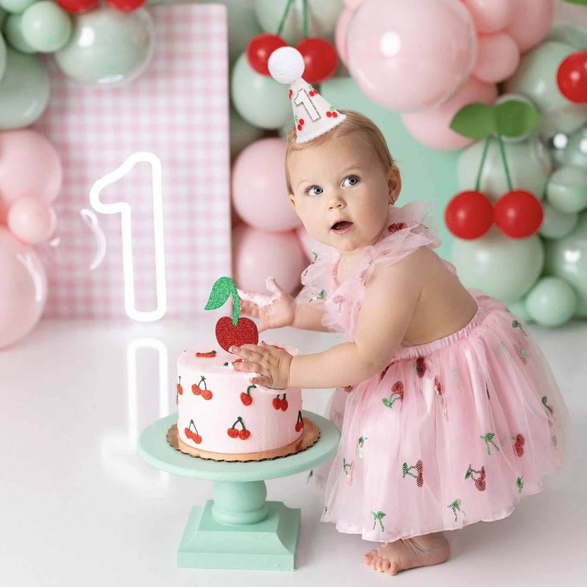 YOUAME Cherry 1st Birthday Hat For Girls - One Cherry On Top Party Hat, Sweet One Headwear Decorations, Fruit Theme Baby Shower Outfit, Cake Smash