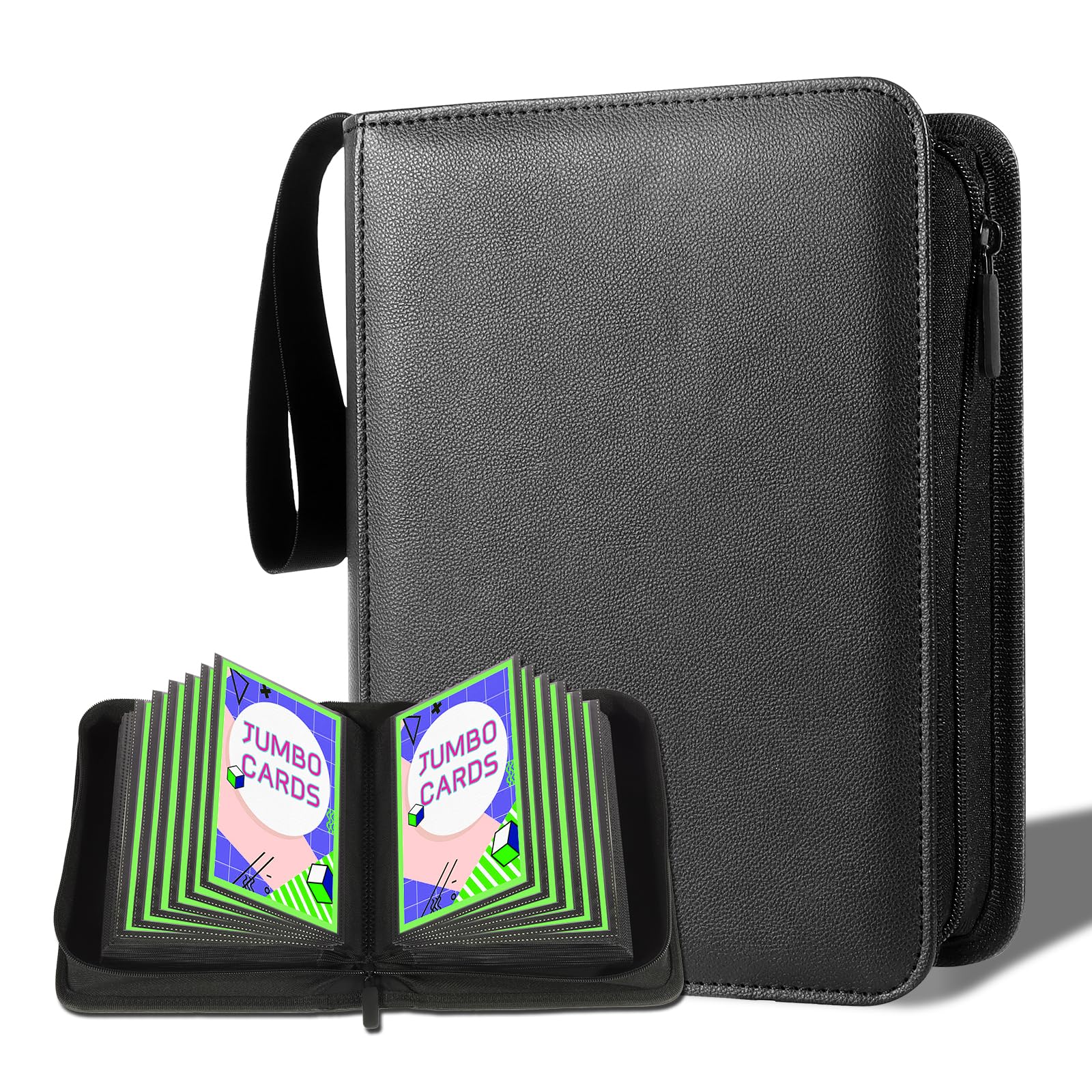 Jumbo Card Binder 100 Pockets for Oversized & Big Cards - Ringless PU Leather Binder with Zippered Closure, Top Loading & Wrist Strap, Fits 6x8 Inch