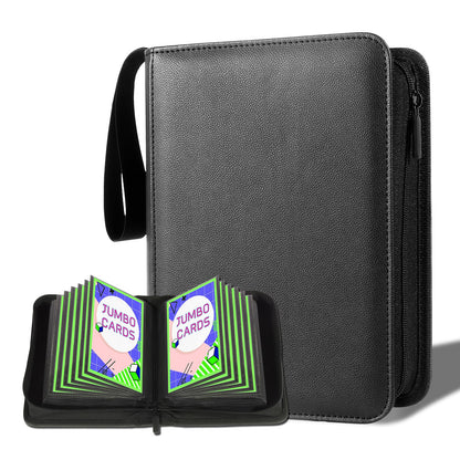 Jumbo Card Binder 100 Pockets for Oversized & Big Cards - Ringless PU Leather Binder with Zippered Closure, Top Loading & Wrist Strap, Fits 6x8 Inch