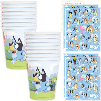 Unique Bluey Cups with Stickers | 16 Paper Cups, 4 Sticker Sheets, Checklist | Bluey Birthday Decorations | Party Supplies for Boys and Girls |