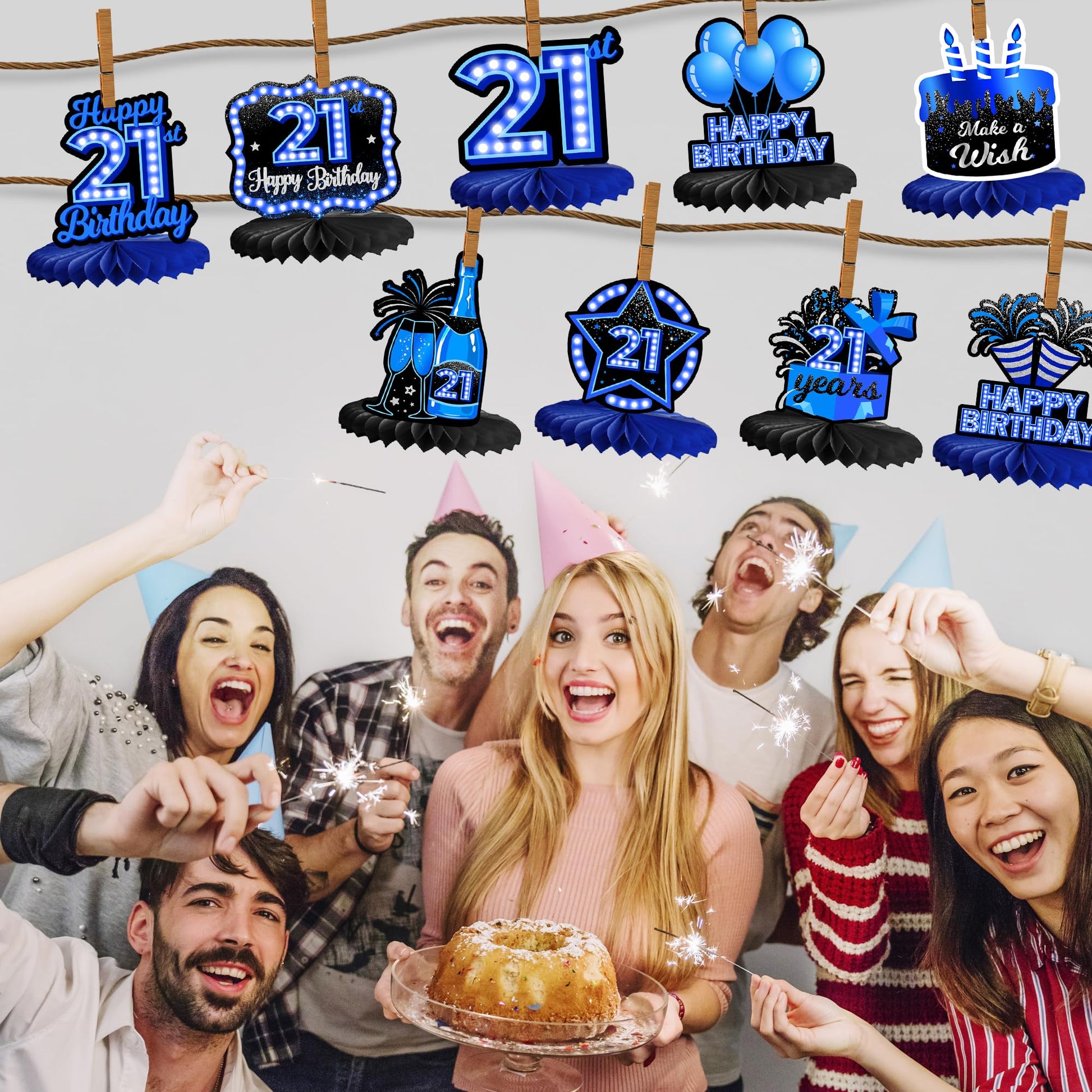 Happy 21st Birthday Honeycomb Centerpieces 9Pcs Stylish Sophisticated Blue Neon Theme Table Decor for Boys Girls Birthday Party Celebration Favors