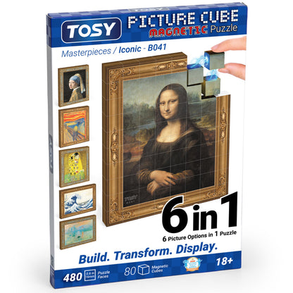 TOSY Picture Cube Iconic Masterpieces: 6-in-1 Magnetic Picture Puzzle, 80 Blocks,480 Puzzle Faces, 0.6in, B041, Seamless UV Art, Display-Ready Frame