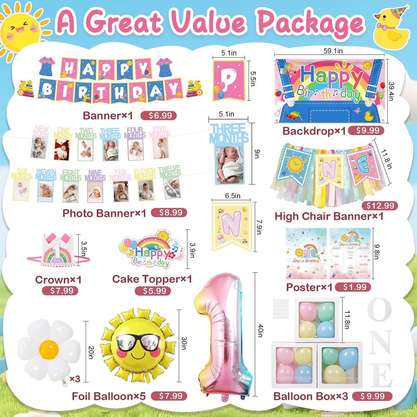 135 pcs Rachell English Teacher Party Supplies, 1st Birthday Decorations Girl & Boy, Photo Banner Balloons Poster Crown High Chair Banner Cake Topper