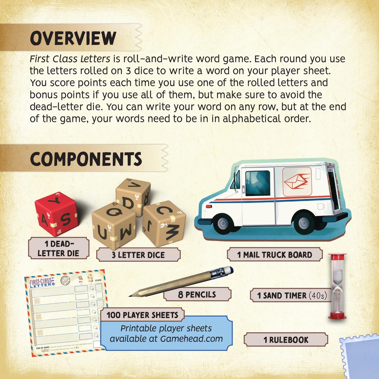 GameHead First-Class Letters, Roll & Write Word Game for Families and Parties, Ages 8+, 1-100 Players, Fast Paced 20 Minute Play Time, Fun and Travel