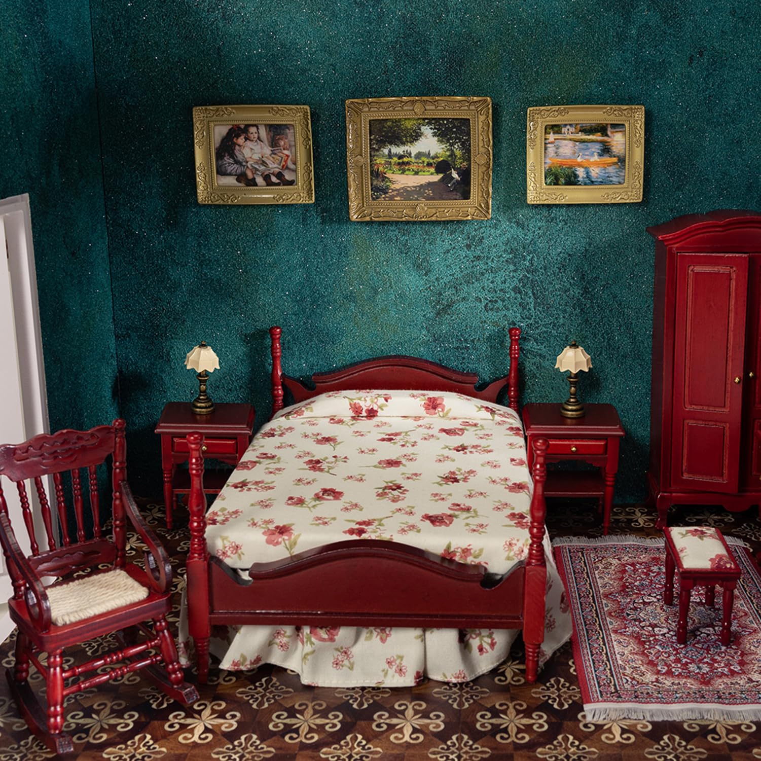 SAMCAMI Miniature Dollhouse Furniture - Victorian Wooden Dollhouse Furniture Set for Dollhouse Bedroom Incl Classical Bed, Bedside Table, Table Lamps