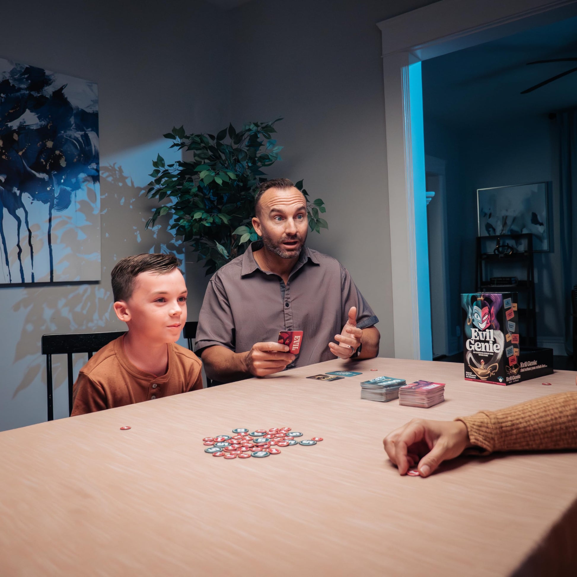 Evil Genie, Party Game Where Players Combine Good Cards with Evil Cards to Grant One Messed Up Wish, Then Guess If The Wish Will Be Taken to Score