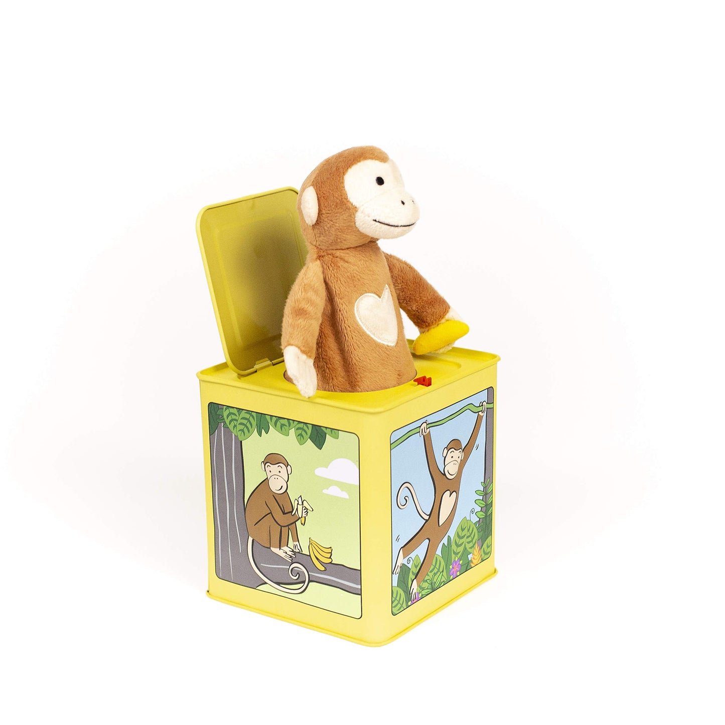 Jack Rabbit Creations Monkey Jack in the Box, Plush Surprise, Side Crank Plays Pop Goes the Weasel, Classic Tin Toy for Kids Ages 3+