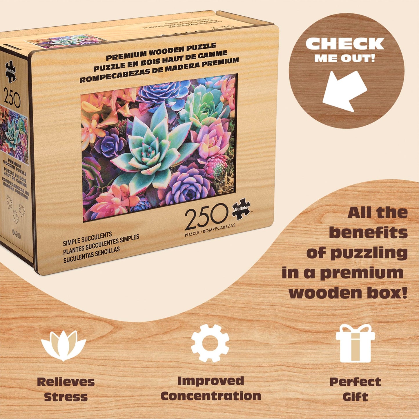 Buffalo Games - 250 Piece Wooden Jigsaw Puzzle Simple Succulents, Standard Shaped Whimsy Pieces, 26.75 x 19.75, Poster, Cloth Bag, Wooden Box, Adults
