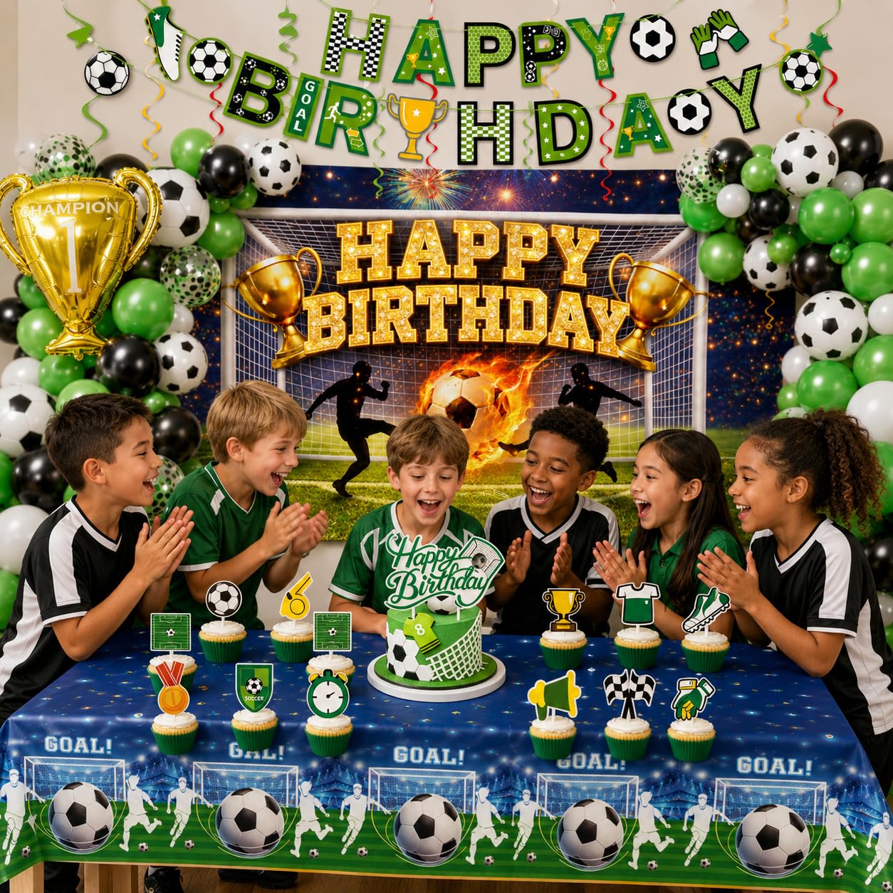 Soccer Birthday Party Decorations Set, Soccer Party Supplies with 6 x 4 ft Backdrop, 108 x 54 in Tablecloth, Green Black Balloon Garland Kit, Happy