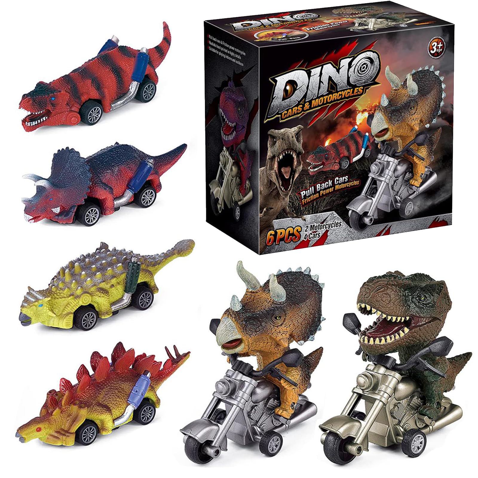 Xbnmex Dinosaur Car Toy, 6 Piece Carts Toys for Kids, Dinosaur Sliding Motorcycle Toy, Dinosaur Car Gifts for Boys and Girls 3 4 5 6 7 Years Old