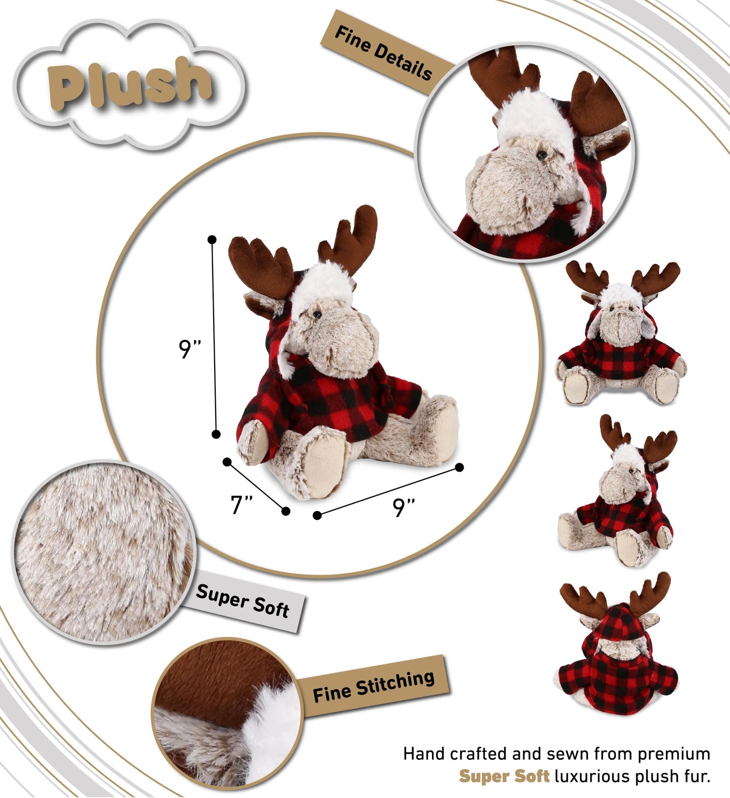 DolliBu Super Soft Plush Red Plaid Outfit Moose - Adorable Playtime Zoo Moose Plush with Clothes, Cute Wildlife Cuddle Gift - 9 Inches