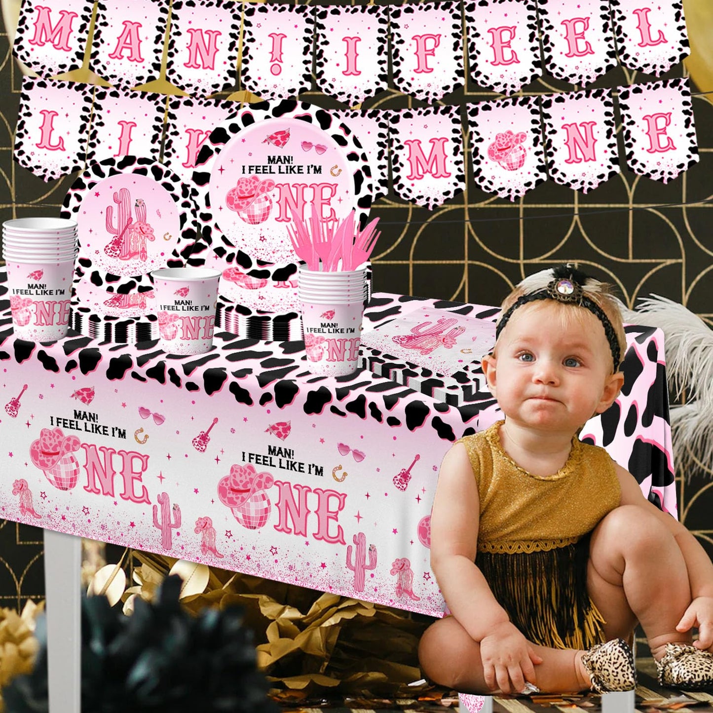 Western Cowgirl Birthday Party Decoration,142Pcs Pink Disco Cowgirl 1st Tableware Set I’m One Cowgirl Plates Napkins Cowgirl Tablecloth for My First