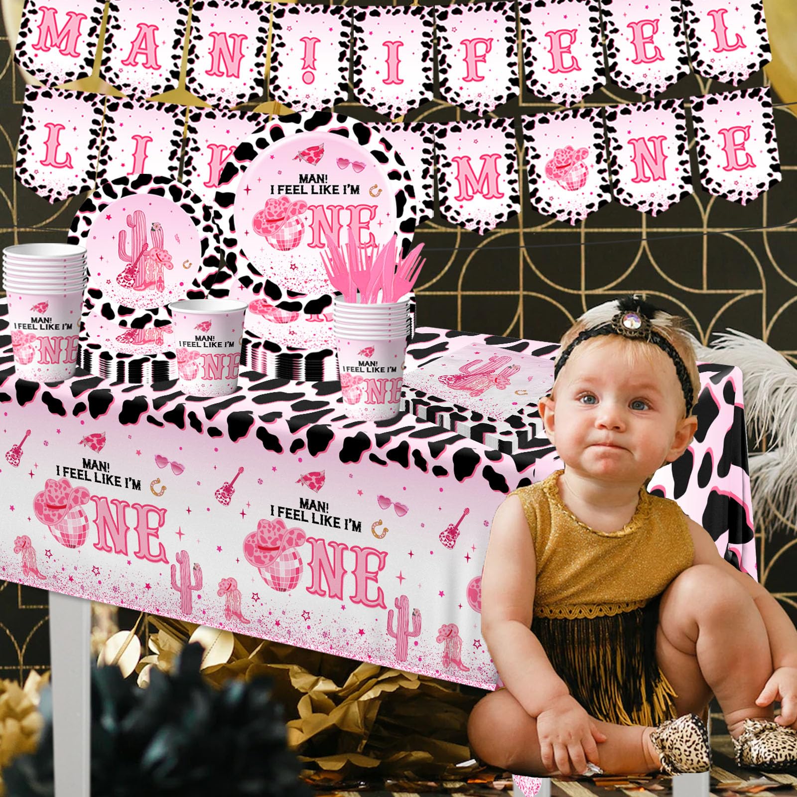 Western Cowgirl Birthday Party Decoration,142Pcs Pink Disco Cowgirl 1st Tableware Set I’m One Cowgirl Plates Napkins Cowgirl Tablecloth for My First