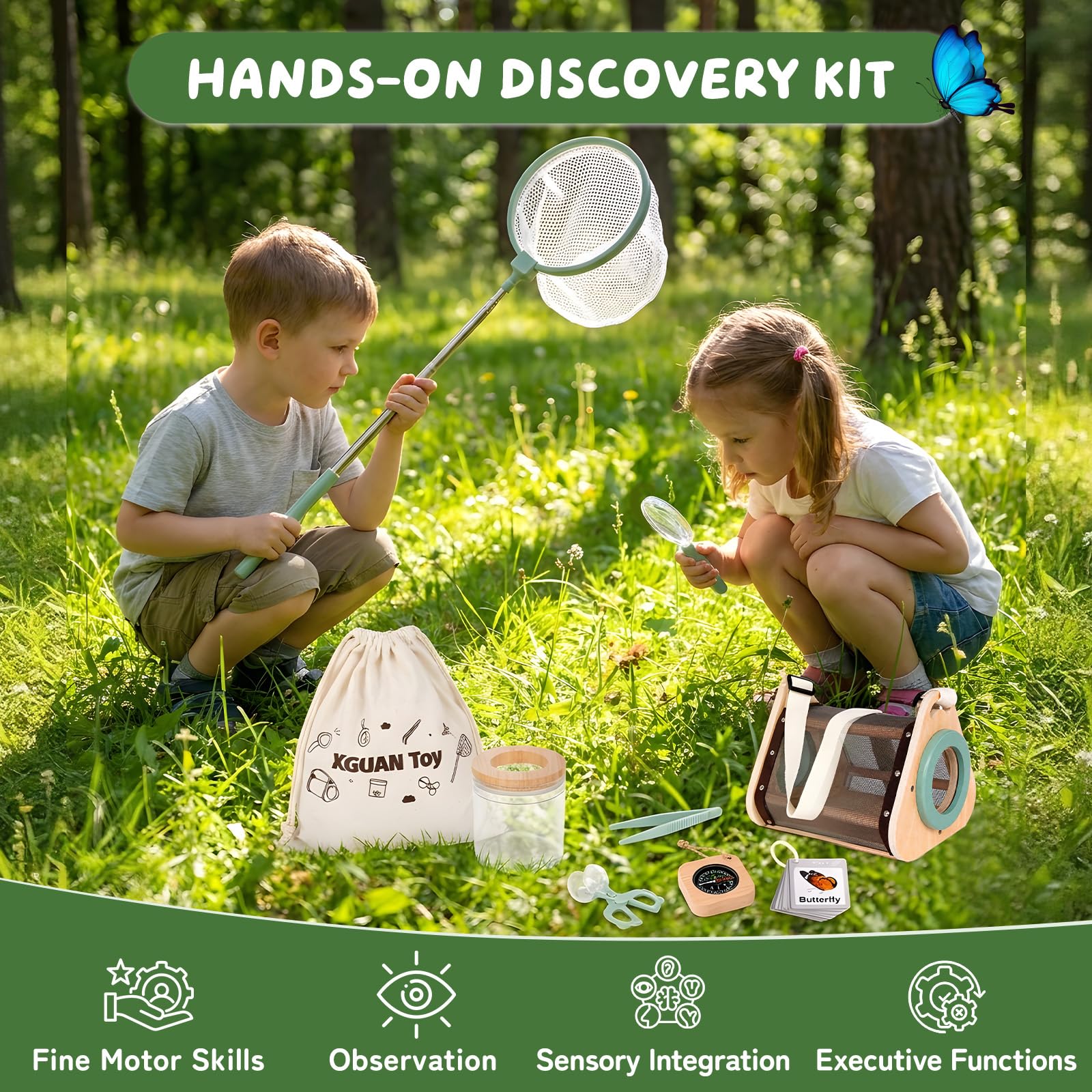 Bug Catcher for Kids, Wooden Bug Catching Outdoor Toys for Ages 4-8, STEM Explorer Activities with Butterfly Net Magnifying Glass Tweezers Insect