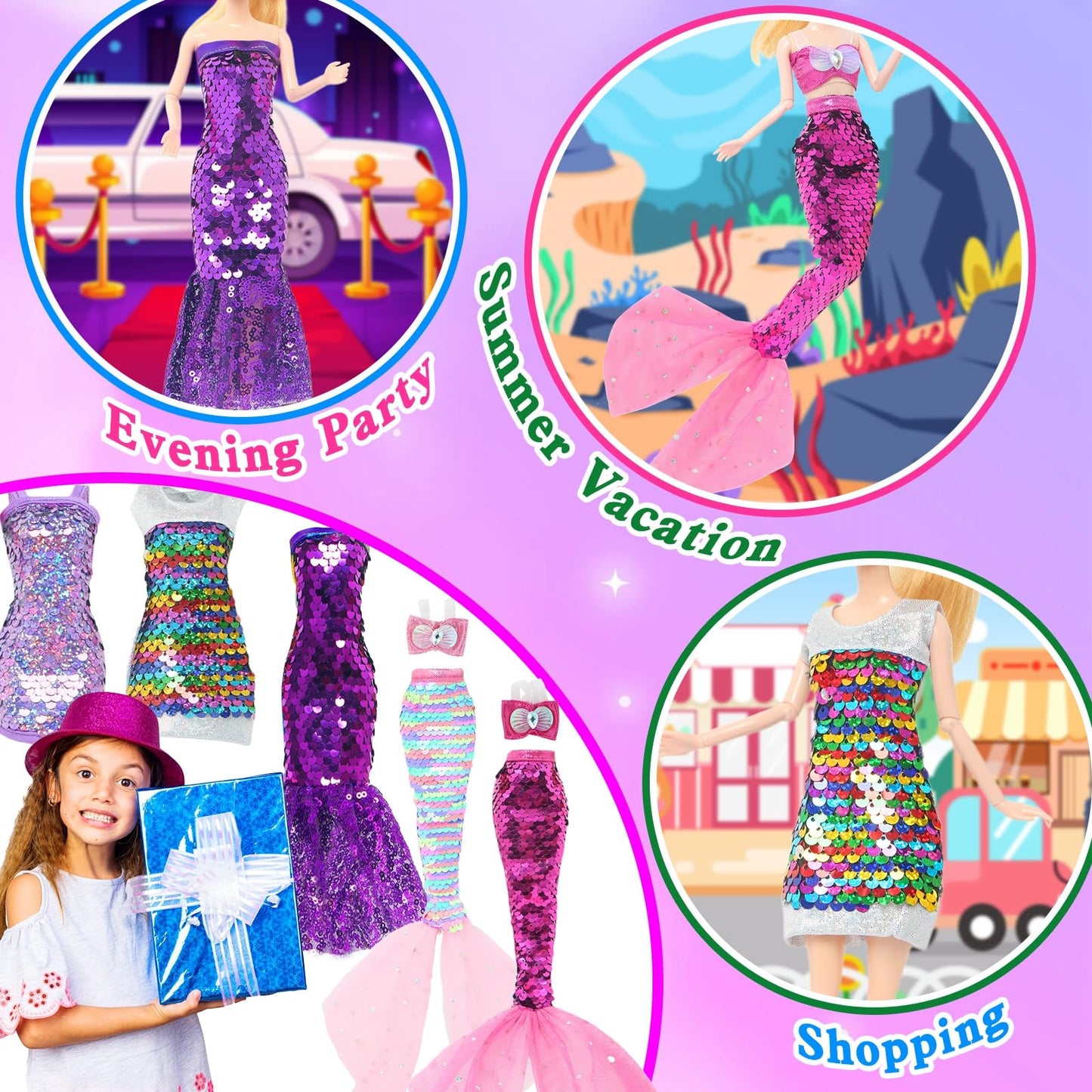 BLIJOLA Doll Clothes 5 Sets Sequins Dresses for 11.5 inch Girl Doll Including 2 Mermaid Clothes Swimwear 1 Evening Dress 2 Casual Dresses Party