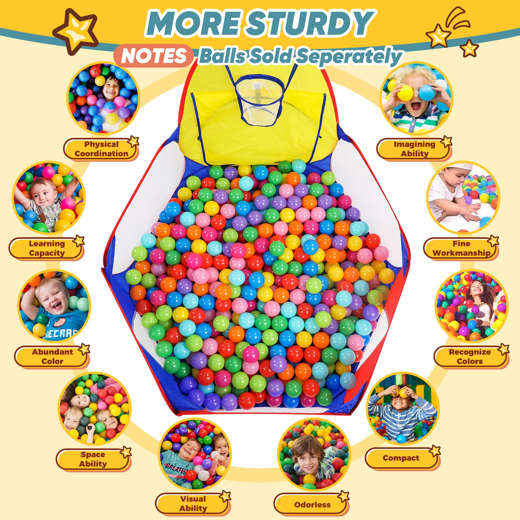 Eocolz Kids Ball Pit Large Pop Up Childrens Ball Pits Tent for Toddlers Playhouse Baby Crawl Playpen with Basketball Hoop and Zipper Storage Bag, 4