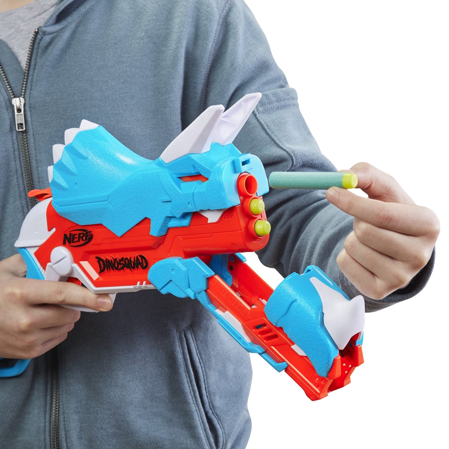 Nerf DinoSquad Tricera-Blast Dart Blaster, 12 Official Nerf Darts, Christmas Stocking Stuffers, Kids Outdoor Dinosaur Toys for 8 Years and Up