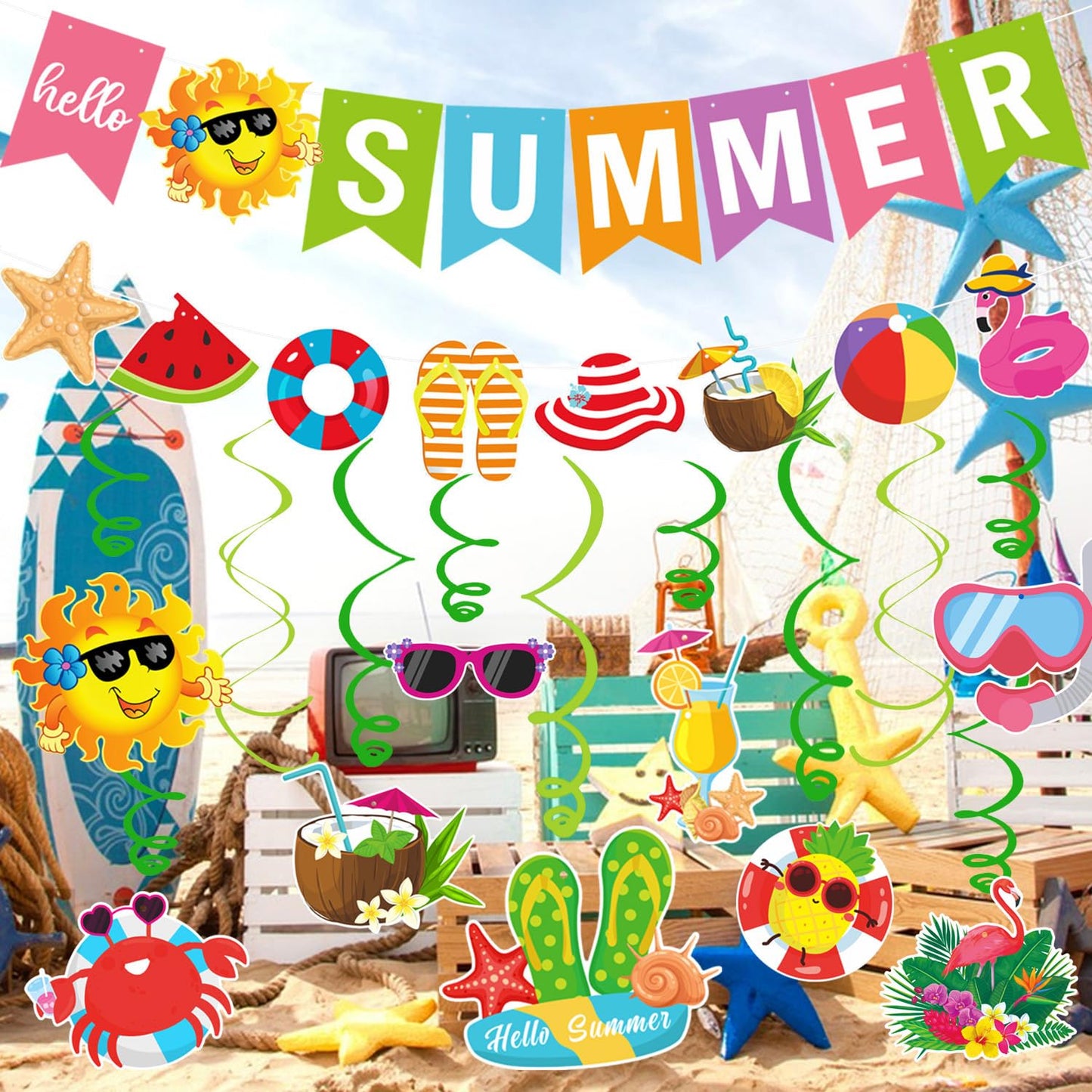 Summer Party Decorations Colorful Hello Summer Banner Summer Beach Pool Hanging Swirls Summer Vacation Garland Pool Summer Holiday Beach Party