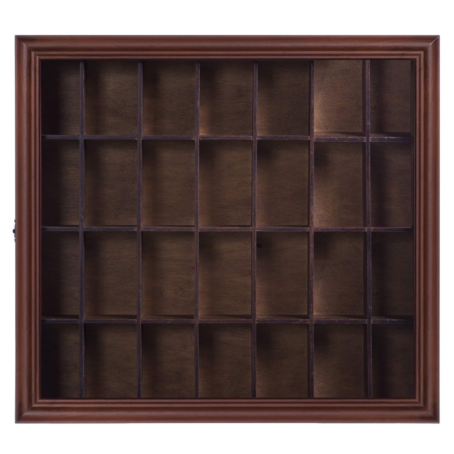 Gallery Solutions - 18x16 Shot Glass Collection - Walnut Collectable Display Case - Hinged Front - 28 Display Slots for Shot Glasses - Bar, Home