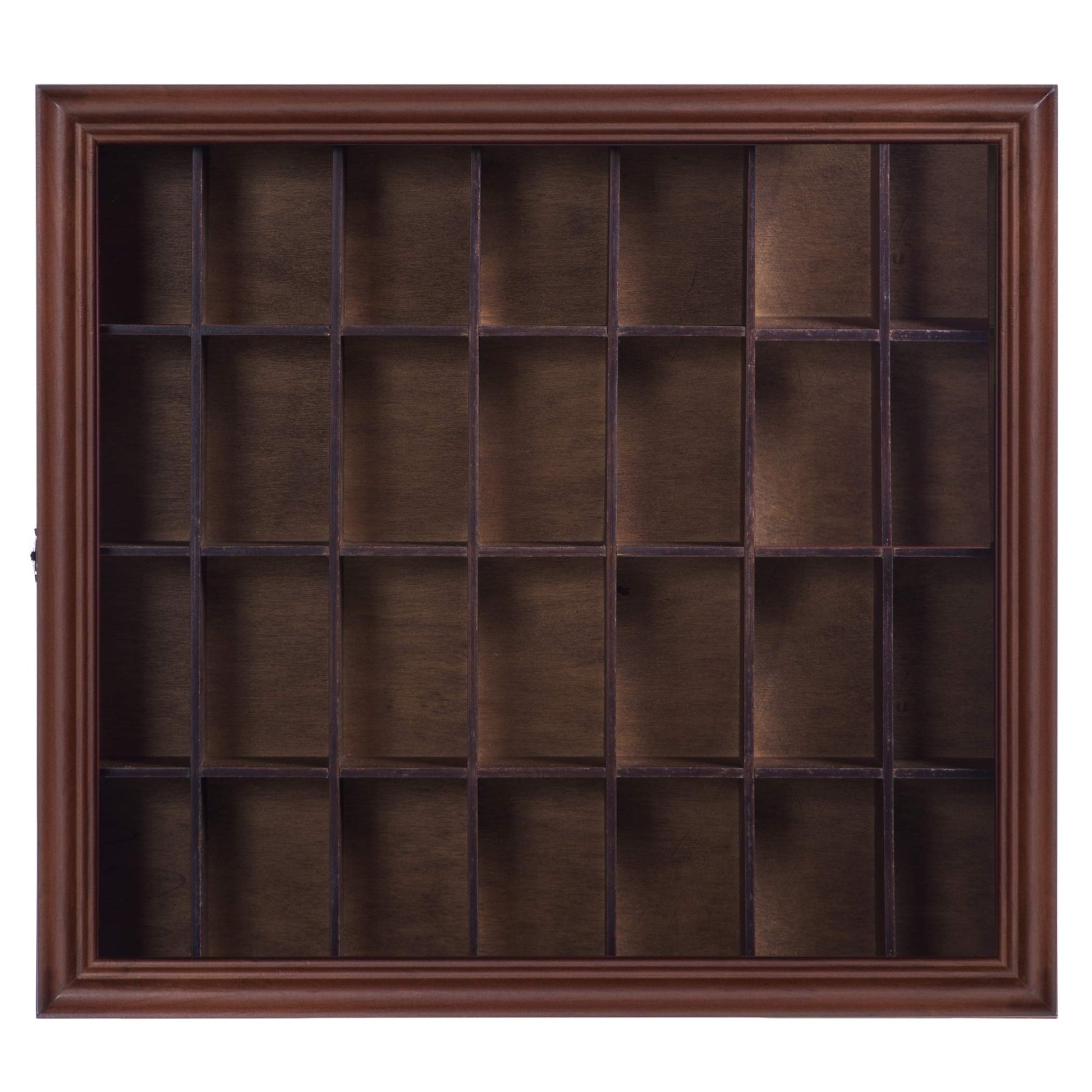 Gallery Solutions - 18x16 Shot Glass Collection - Walnut Collectable Display Case - Hinged Front - 28 Display Slots for Shot Glasses - Bar, Home