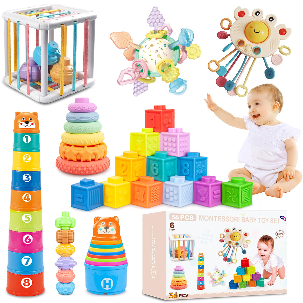 SYUUKH 6 in1 Baby Toys 6-12 Months?Infant Toys 6-12 Months?Incl 12pc Soft Stacking Blocks &Silicone Pull String & Manhattan Ball& 2 Stacking Toys